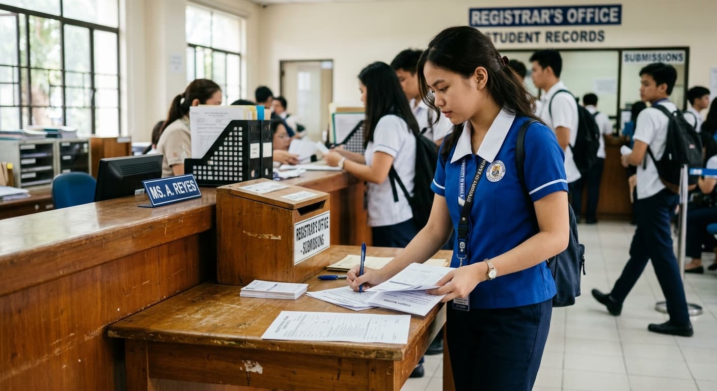A student filling out scholarship forms at a registrar's counter